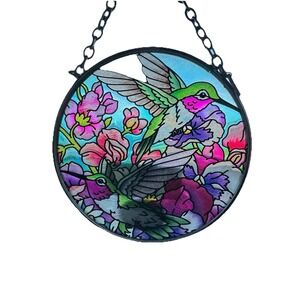 AmiaHummingbird Stained Glass Suncatcher Hand Painted Window Hanging Bird Lover